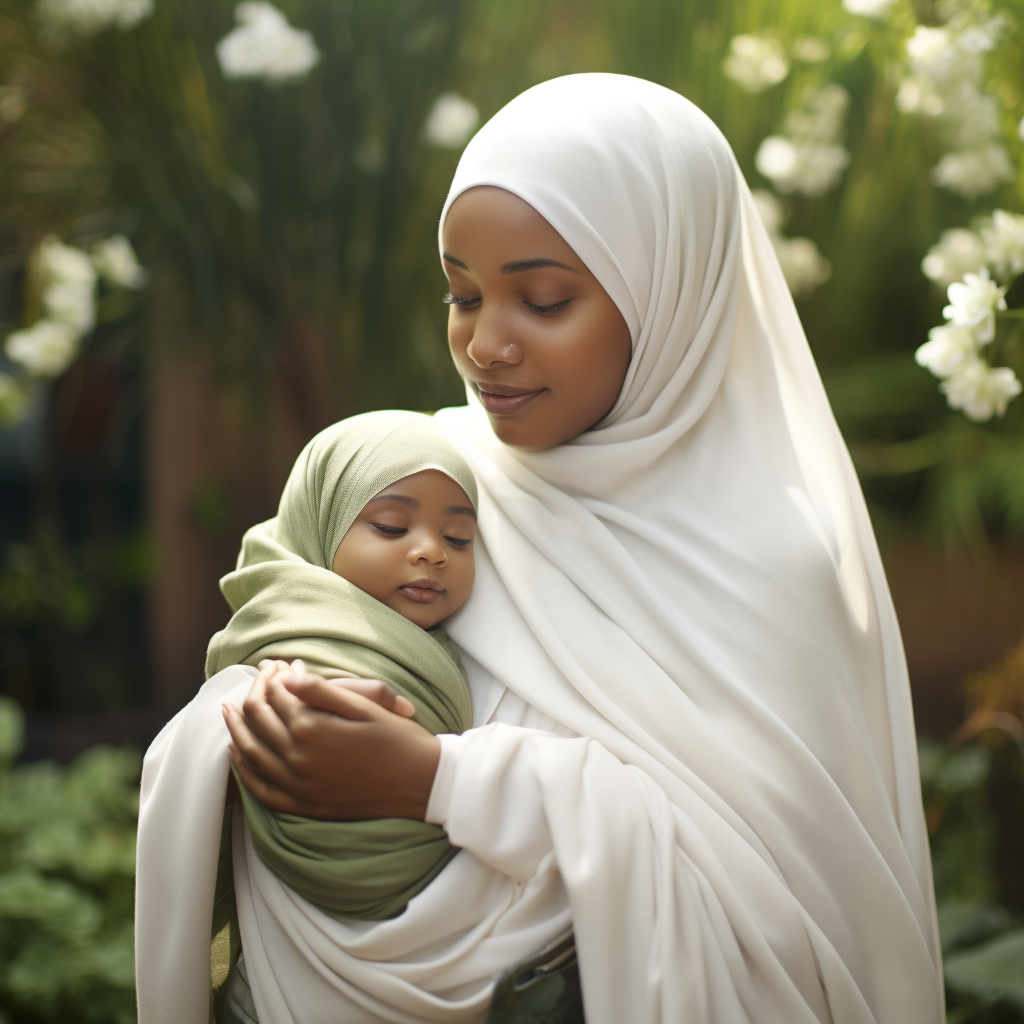 Muslim woman wearing the hijab holding her infant