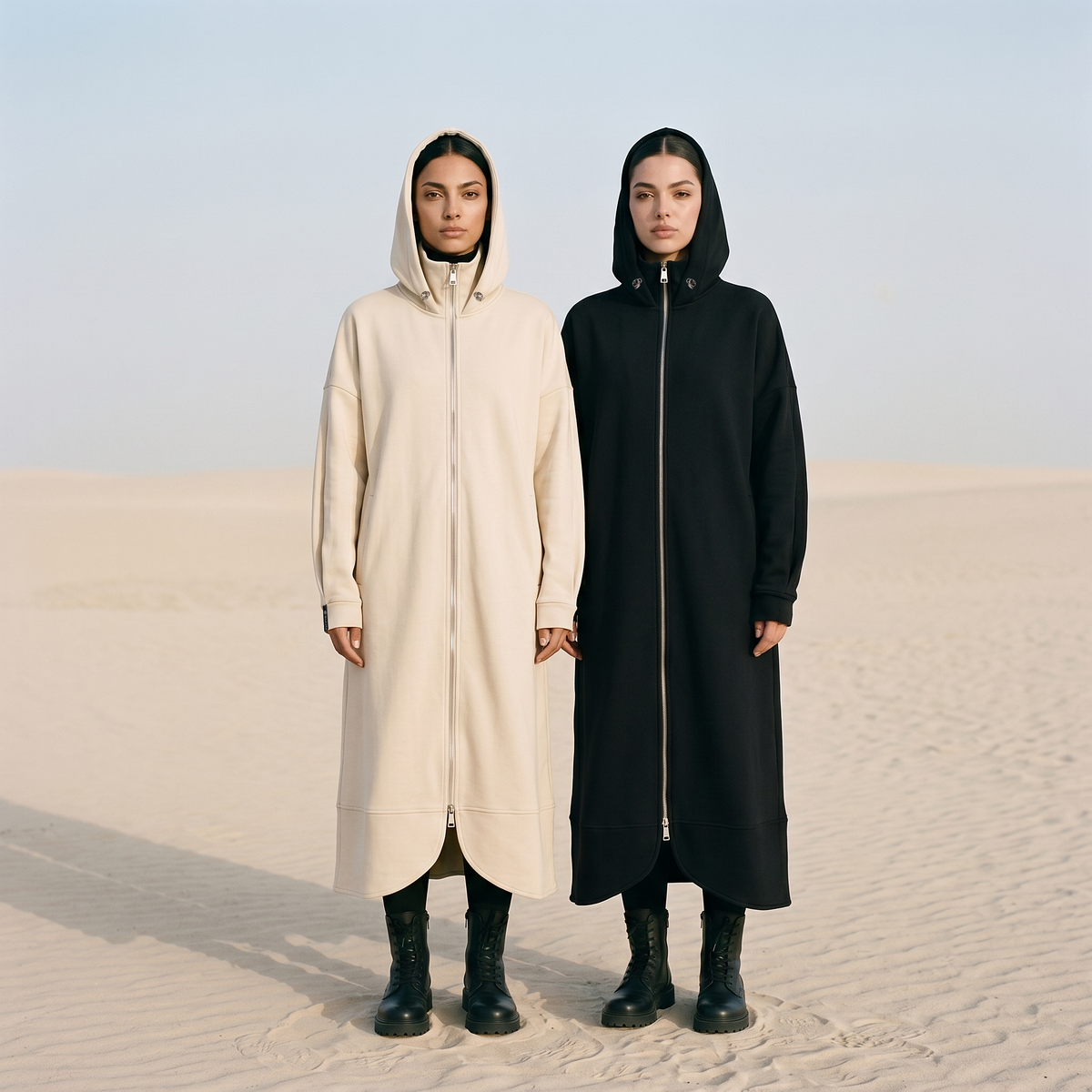 Two women in The Long Zip in French Terry, Buttermilk and Onyx, standing in the desert
